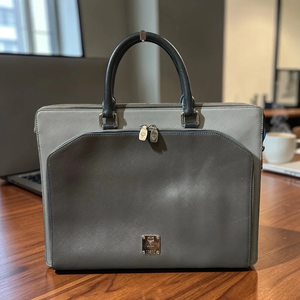 MCM SAFFIANO LEATHER LAPTOP/DOCUMENT BAG GRAY & BLUE Silver Hardware
